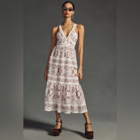 Anthropologie Bohemian Floral Embroidered Tiered V-Neck Dress - Picture 1 of 11